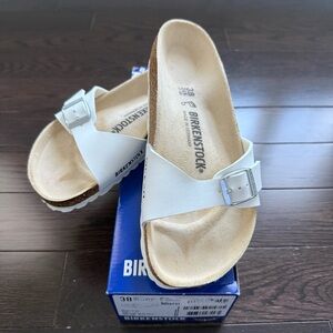 Birkenstock White Single Strap Madrid Slide Sandals with Silver Buckle